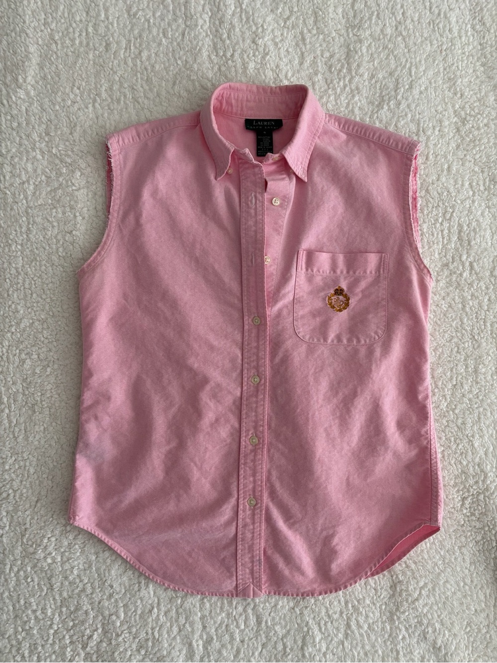 Vintage Lauren Ralph Lauren Pink Oxford Sleeveless Shirt Crest Button Up Top 90s